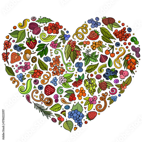 Colorful vector set of Berries cartoon doodle objects, symbols and items. Heart form composition