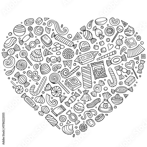 Sketchy vector set of Candies cartoon doodle objects, symbols and items. Heart form composition