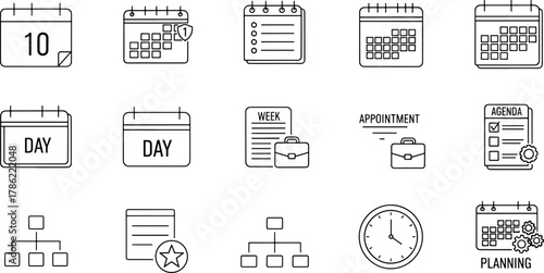 Collection of business planning and organization icons, calendar day week agenda appointment symbols