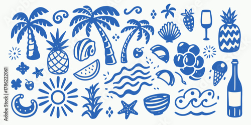 Collection of blue summer vacation icons and tropical elements on white background