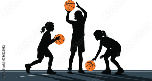 Three girls playing basketball silhouettes on court with orange balls children sport