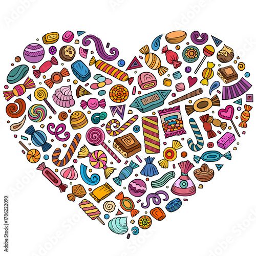 Colorful vector set of Candies cartoon doodle objects, symbols and items. Heart form composition