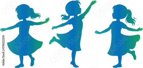 Three dancing girls silhouettes with blue and green gradient children movement