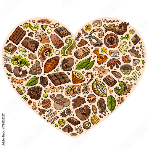 Colorful vector set of Chocolate cartoon doodle objects, symbols and items. Heart form composition