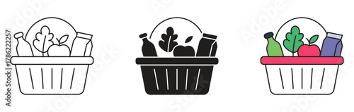 Grocery basket icon set, picnic, grocery food and drink basket vector icon. Vector illustration.