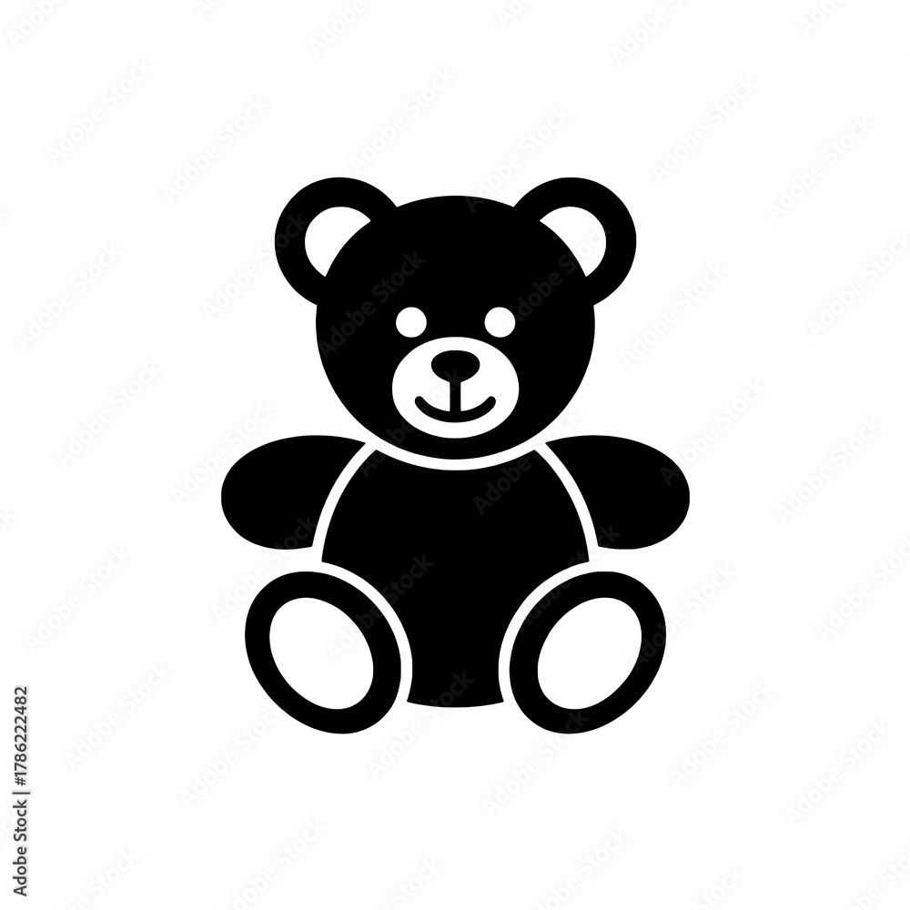 Fototapeta premium Flat Black Silhouette Teddy Bear Icon with White Negative Space Details for Eyes, Nose, Mouth, and Paws, Centered on a Pure White Background