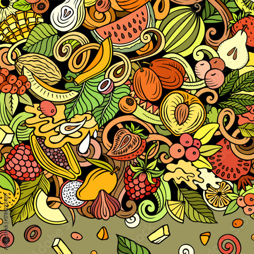 Fresh Fruits cartoon vector doodles frame illustration. Nature food elements and objects background. Bright colors funny picture