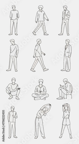 Collection of diverse men in various poses and casual outfits, isolated on a light background, modern flat illustration style