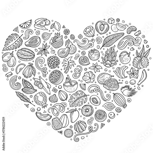 Sketchy vector set of Exotic Tropical Fruits cartoon doodle objects, symbols and items. Heart form composition