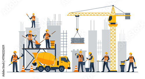 Construction Workers at Urban Building Site with Tower Crane Vector