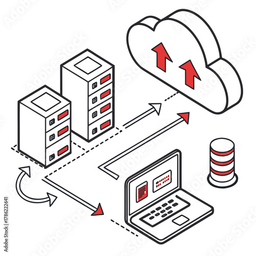 Conceptual isometric illustration depicting data flow from on premise servers and a laptop to a cloud storage system with database icon and upload arrows
