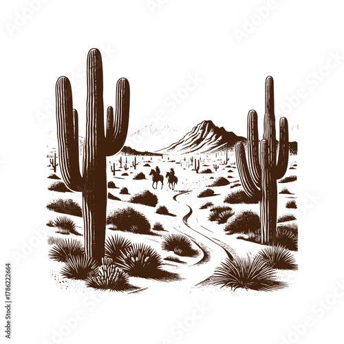 Cowboys Riding Through Desert Cactus Landscape — Black and White Western Line Art