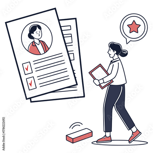 A person holding a clipboard approaches a stack of resumes with a star symbol indicating approval or success