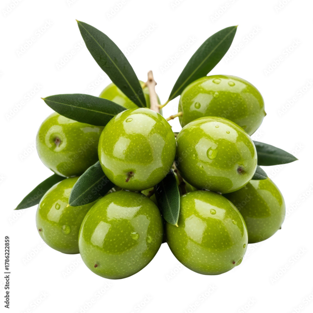 Obraz premium Green Olives on Branch with Leaves isolated on a transparent background