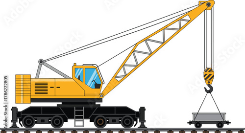 Yellow Rail Crane Lifting Load Vector Illustration