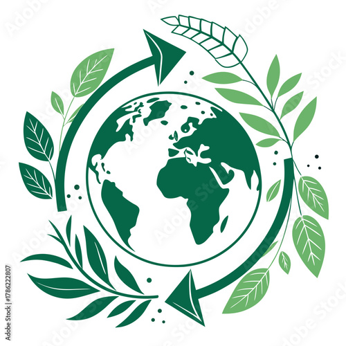 Green earth surrounded by circular arrows and organic leaves symbolizing sustainability and environmental protection on a clean white background
