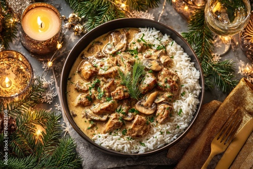 Beef stroganoff served in black bowl over fluffy rice. Rich creamy sauce with beef strips, mushrooms, and herbs. Concept of warm, festive atmosphere with candles and wine.