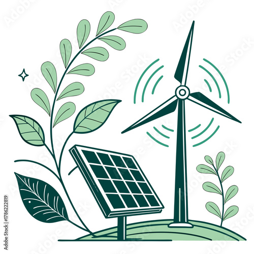 Illustration of a wind turbine and solar panel surrounded by green leaves and plants representing renewable energy and environmental sustainability