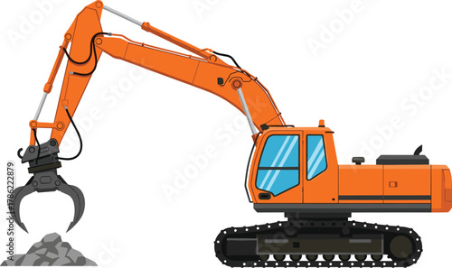 Orange Crawler Excavator with Grapple Handling Rocks Vector