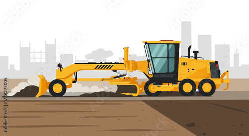 Yellow Motor Grader Leveling Road at Construction Site Vector