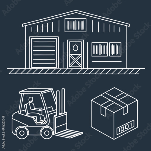 Warehouse building with a forklift and a shipping box representing logistics and supply chain operations in a clean line art style on a dark background