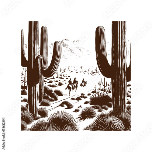 Cowboys Riding Through Desert Cactus Landscape — Black and White Western Line Art