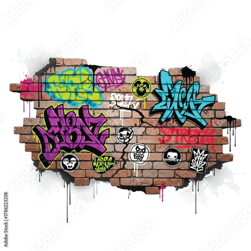 Urban vibrant graffiti art on old brick wall creating dynamic street style, expressive tags and edgy designs perfect for alternative fashion brands