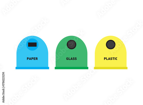 Three big trash containers glass paper plastic organic reduce reuse recycle isolated on white background