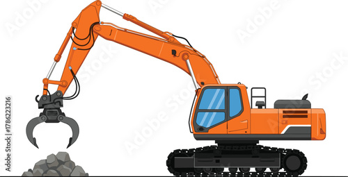 Crawler Excavator with Grapple Handling Rocks Vector Illustration