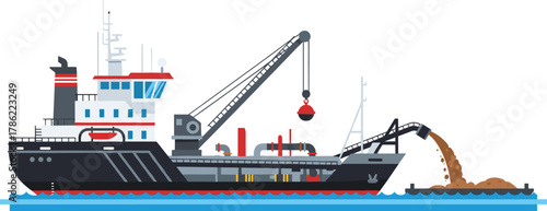 Dredging Vessel with Crane Working at Sea Vector Illustration