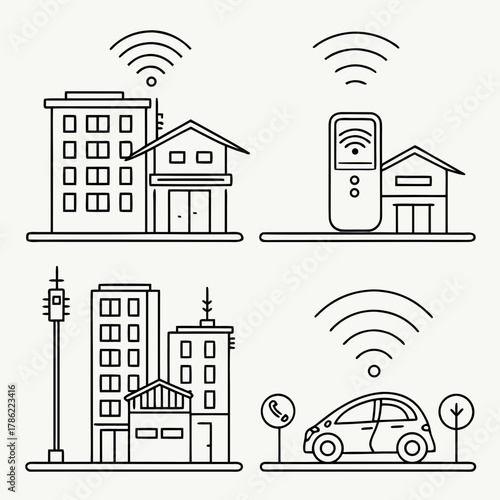 Illustrations depicting smart city concepts including connected buildings smart homes remote control devices traffic signals and autonomous vehicles utilizing wireless technology and connectivity