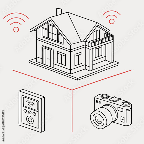 Illustration of a house with wireless signals connecting to a remote control and a camera representing smart home technology and security
