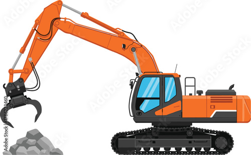 Crawler Excavator with Grapple Loading Rocks Vector Illustration