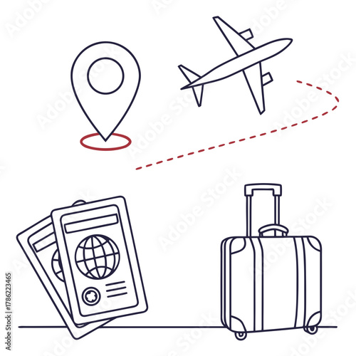 Conceptual illustration of travel elements including a location pin airplane with flight path passports and a rolling suitcase on a white background