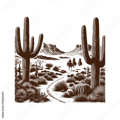 Cowboys Riding Through Desert Cactus Landscape — Black and White Western Line Art