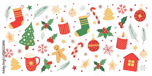 Collection of festive christmas elements including stockings trees ornaments candles and gingerbread man on white background
