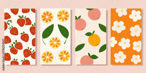 Collection of four vibrant flat design fruit illustrations featuring strawberries oranges and blossoms
