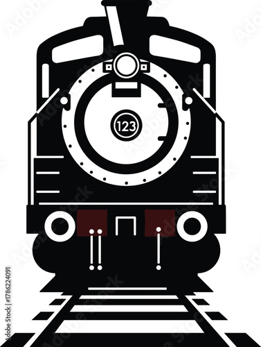 Steam locomotive front view, vintage train illustration, black and white engine, railroad perspective, classic transportation, bold graphic design, symmetrical art