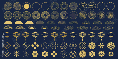 Collection of golden traditional asian geometric patterns and decorative elements on dark blue background