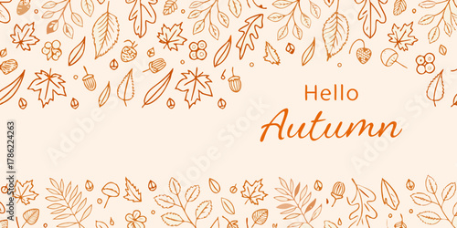 Hello autumn text with decorative border of hand drawn fall leaves acorns and berries