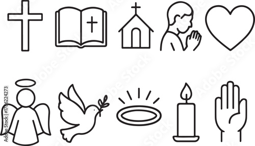 Christian Religion, Spirituality, and Faith Line Icons Set