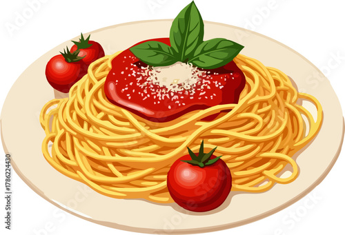 Spaghetti with Tomato Sauce, Parmesan, and Basil Vector – Classic Italian Pasta Plate