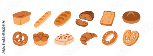 Bakery food set. Bread loaf, baguette, French croissant, brioche bun, roll, bagel with seeds, pretzel, palmier pastry and toast. Baked goods. Flat vector illustration isolated on white background.