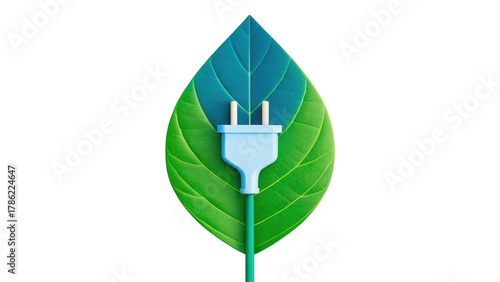 Green energy concept: electric plug and cord on a vibrant leaf isolated on white background