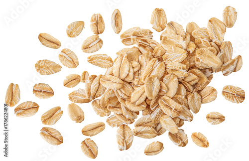 Isolated  Oat flakes falling on white background. High-Quality Rolled Oat flakes Collection Top view. Flying oats set