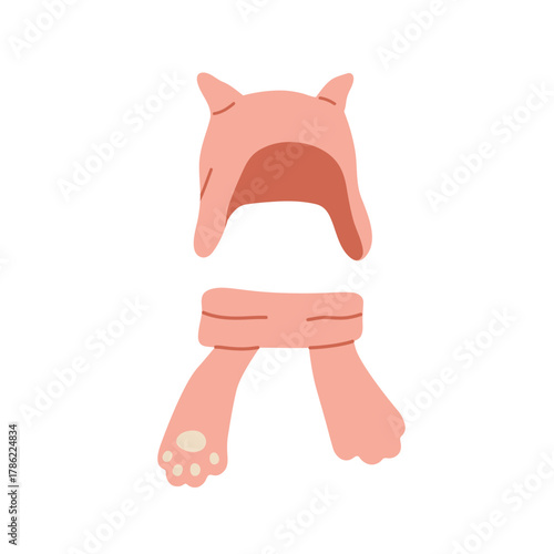 Cute winter clothing, hat with cats ears and scarf with paw. Funny warm acces...