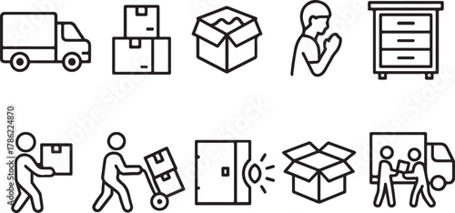Delivery Service, Logistics, and Moving Line Icons Set