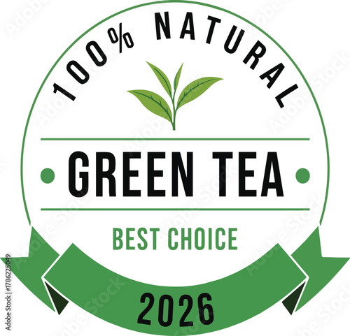 Green tea 100 percent natural best choice emblem with year 2026