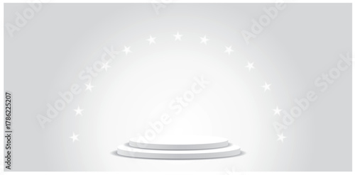star lights in circle over white pedestal, vector bright illustration background