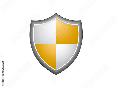 Free Download Shield icon with metallic silver border and gold quadrants, symbolizing security, protection, and safety, often used for antivirus, defense, or privacy concepts - GFXLoad